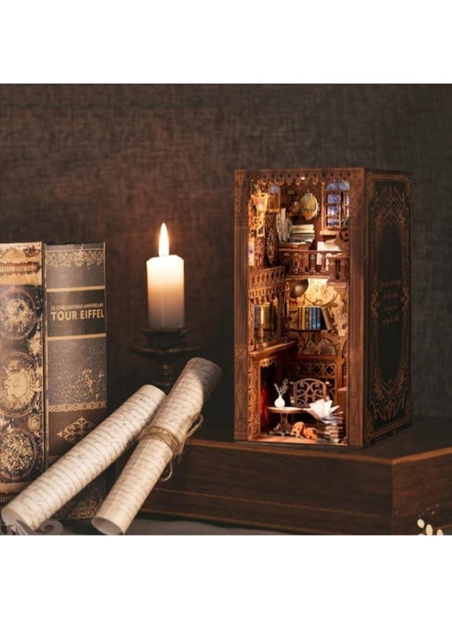 3D Wooden Puzzle Bookends, DIY Book Nook Kit, Island Holiday Model Building Kit Insert Decor with Sensor Light, Creative Stand Bookshelf for Home Decorative Books (Style 2 Sakura