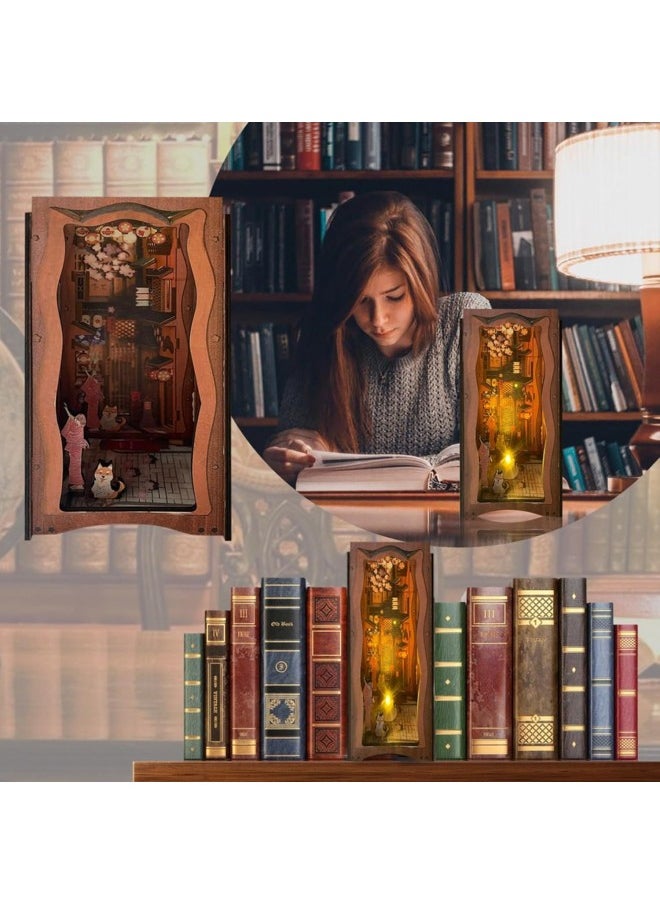 3D Wooden Puzzle Bookends, DIY Book Nook Kit, Island Holiday Model Building Kit Insert Decor with Sensor Light, Creative Stand Bookshelf for Home Decorative Books (Style 2 Sakura