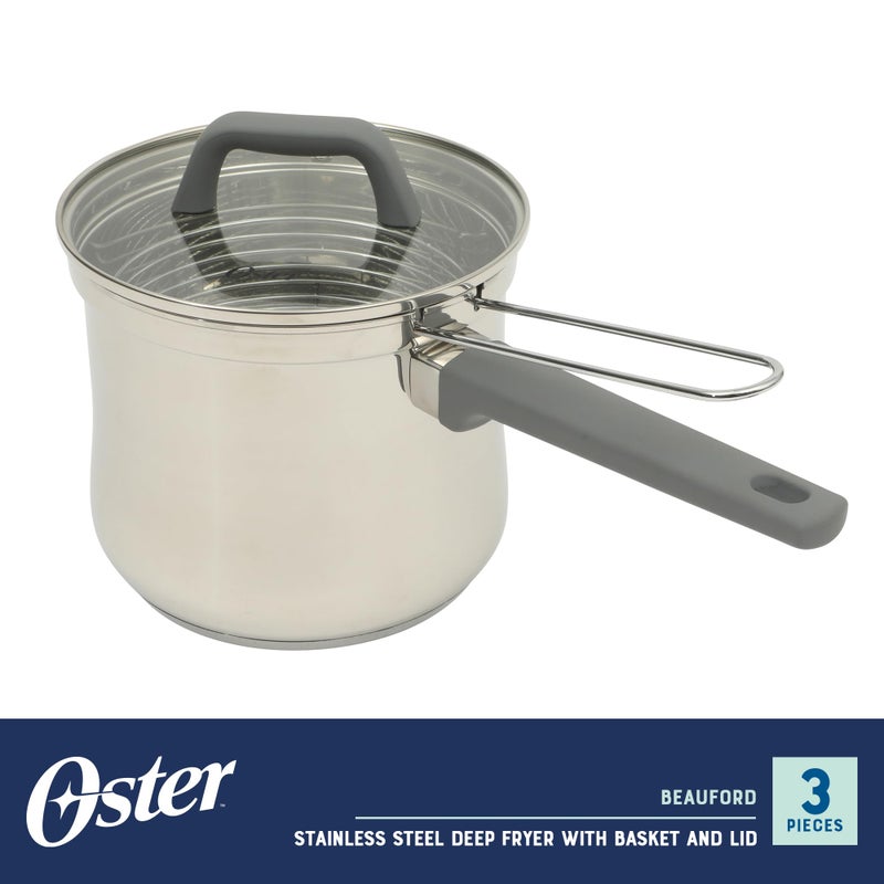 Oster Beauford 3.65-Quart Stainless Steel Deep Fryer Pot with Basket & Glass Lid â€“ Induction, Oven & Dishwasher Safe, 5-Ply Encapsulated Base, Soft-Touch Handle - Image 2
