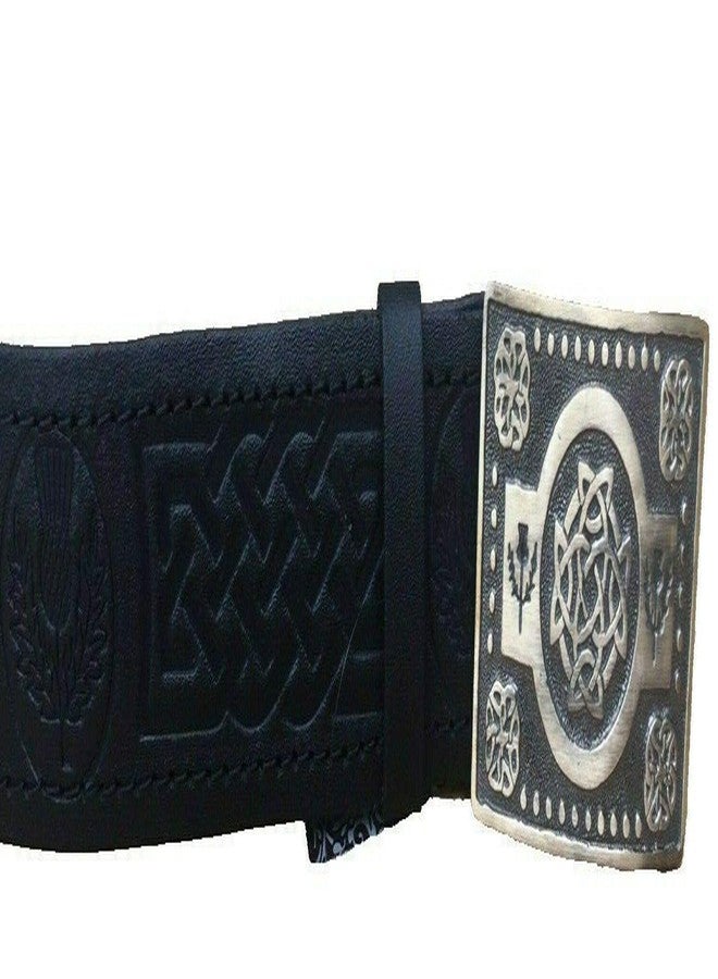 AAR Black Leather Thistle Design Scottish Highland Kilt Belt With Antique Finish Buckle Small - Image 2
