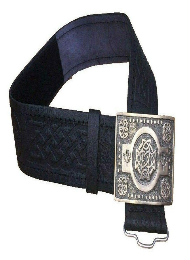 AAR Black Leather Thistle Design Scottish Highland Kilt Belt With Antique Finish Buckle Small - Image 1