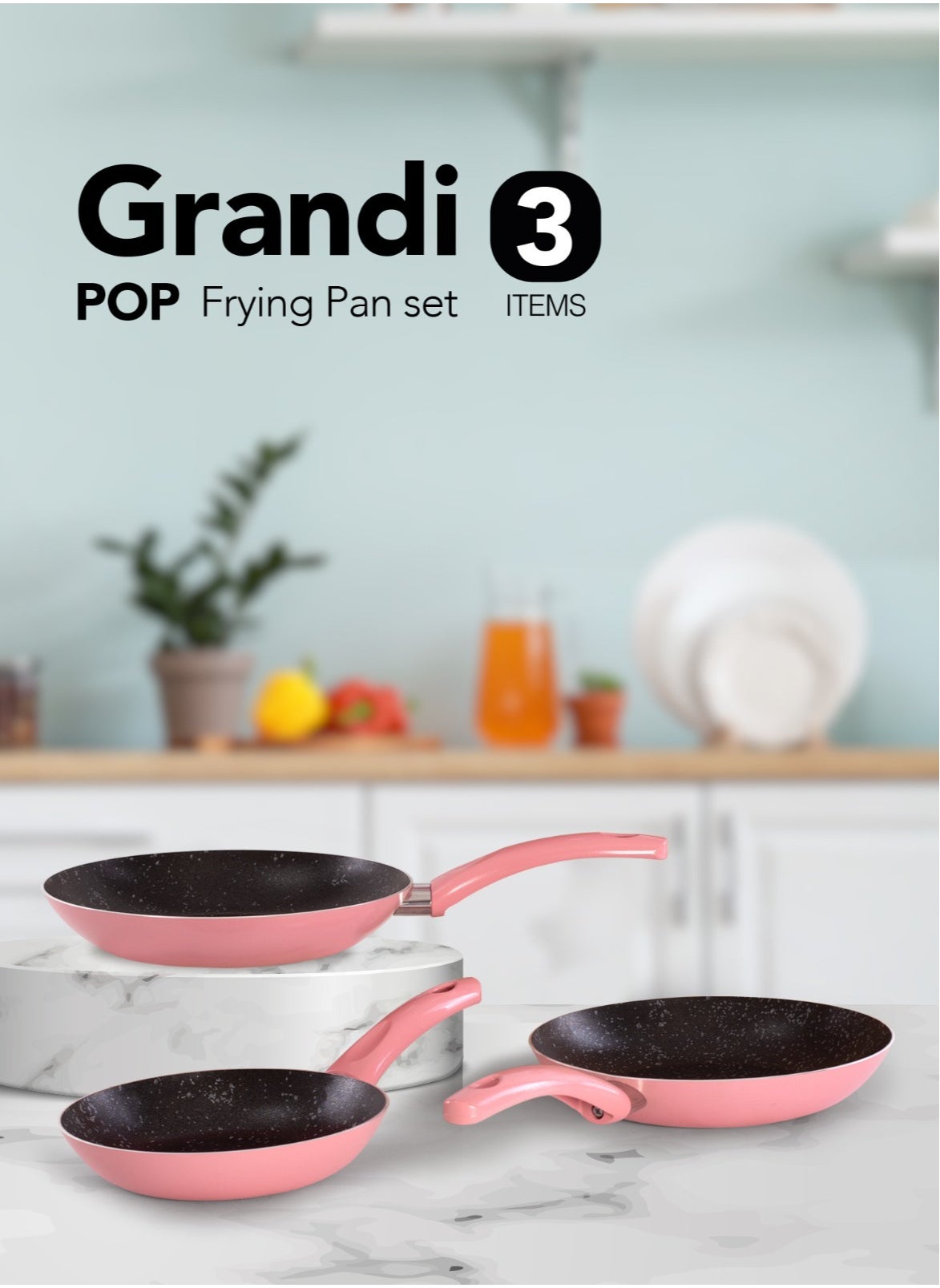 Grandi 3-Piece Non-Stick Frying Pan Set pink  Big Frying Pan (26) Medium Frying Pan (24) Small Frying Pan (22)cm 