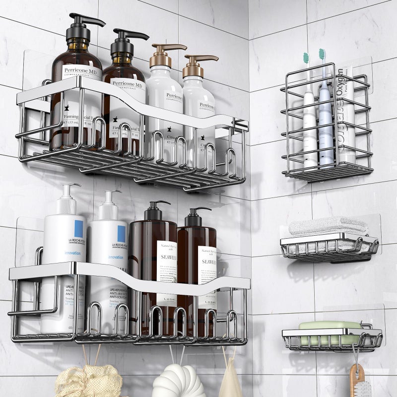 Eudele Shower Caddy 5 منظم دش لاصقة لتخزين الحمام وديكور المنزل والمطبخ لا حفر كبير في الصدأ رفوف الحمام