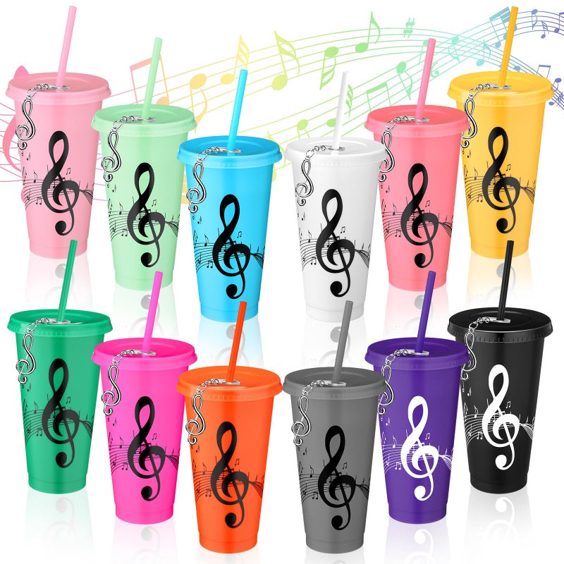Skylety 12 Sets Music Themed Gifts Musical Tumbler Cups Bulk 24 oz Reusable Musical Note Plastic Tumbler with Straw and Lid Keychain Gifts for Music Lover Party Favor Multicolor - Image 2