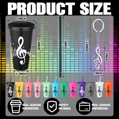 Skylety 12 Sets Music Themed Gifts Musical Tumbler Cups Bulk 24 oz Reusable Musical Note Plastic Tumbler with Straw and Lid Keychain Gifts for Music Lover Party Favor Multicolor - Image 3