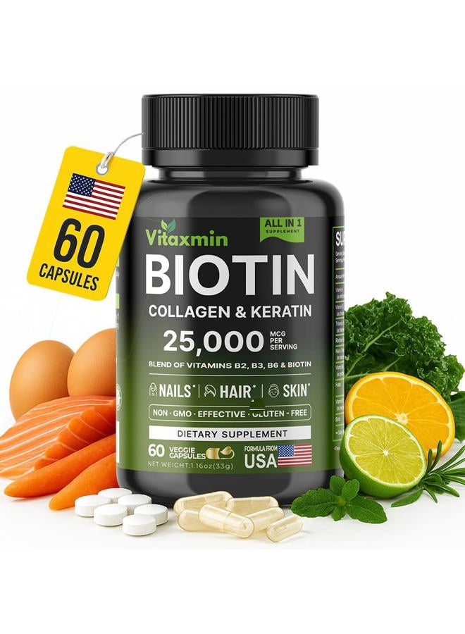 vitaxmin Biotin 10000mcg with Collagen Keratin Hyaluronic Acid - Hair Growth Vitamins for Women & Men - Hair Skin and Nails Vitamins with B Complex - 60 Capsules - Image 1