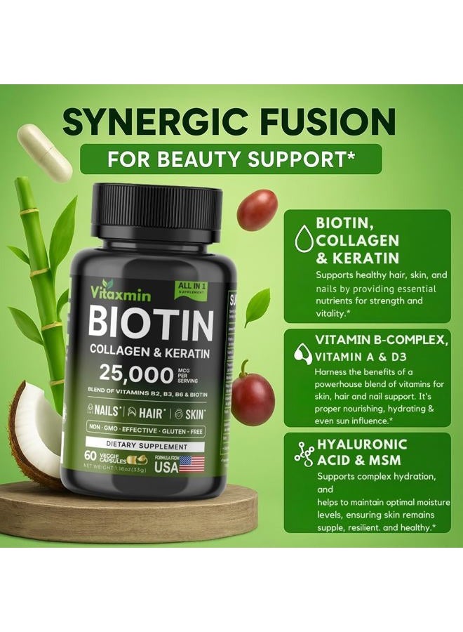 vitaxmin Biotin 10000mcg with Collagen Keratin Hyaluronic Acid - Hair Growth Vitamins for Women & Men - Hair Skin and Nails Vitamins with B Complex - 60 Capsules - Image 4