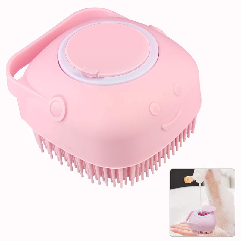 Silicone Massage Both body scrubber, small size silicone bath loofah brush with soap dispenser, Shower Exfoliating Bath Shower Cleaning Brush for Women,Men, kids Sensitive Dry Skin (Pink) (Pink)