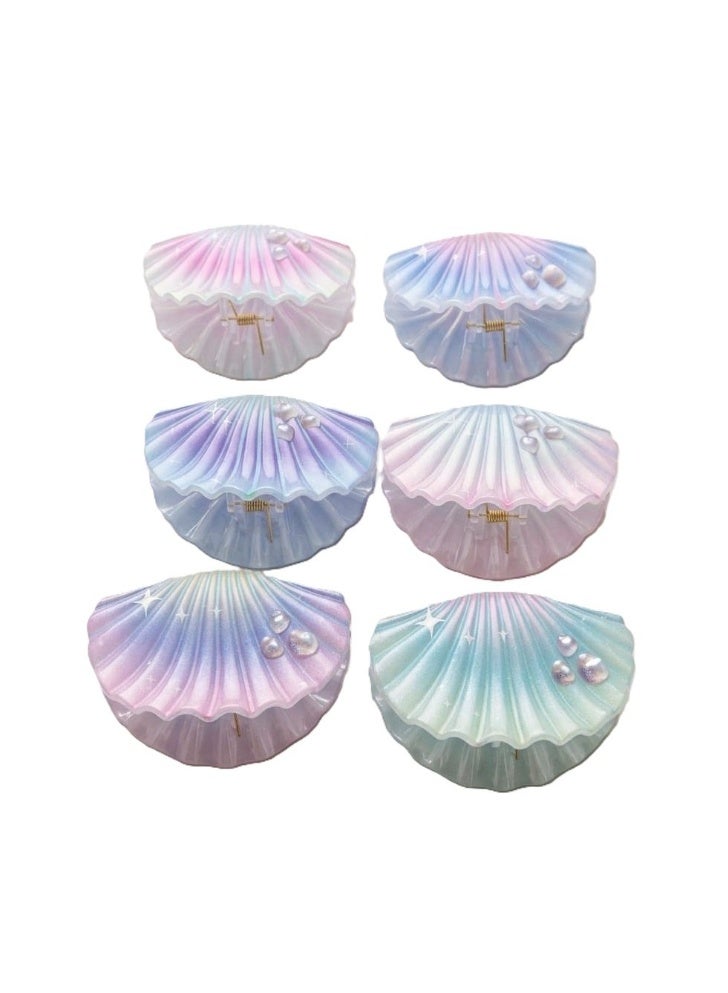 6-Piece Seashell Hair Clips Set with Holographic Pastel Colors and Faux Pearls