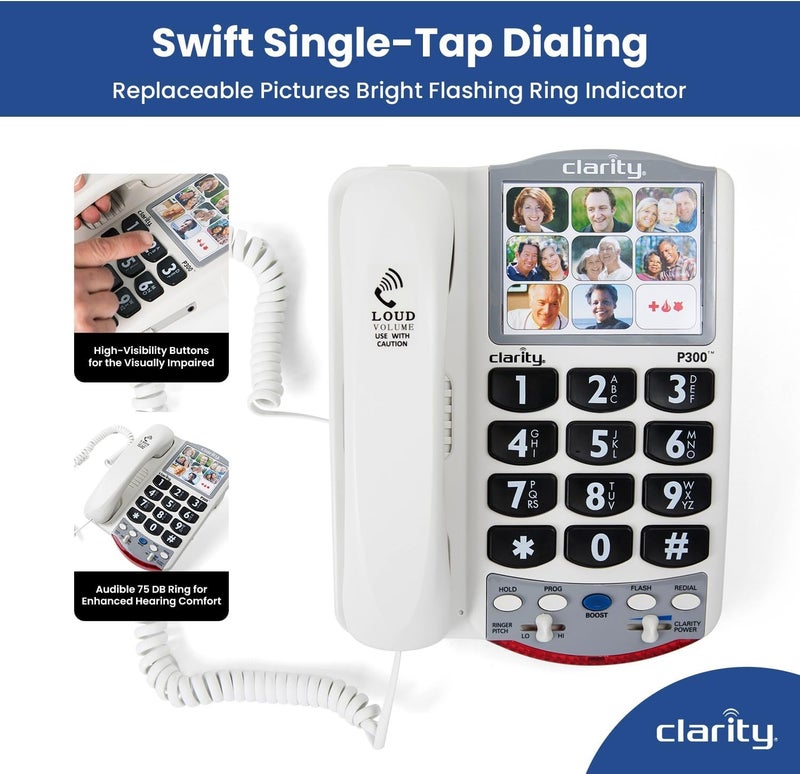 CLARITY هاتف أرضي P300 مع تضخيم الصوت، هواتف لذوي السمع الضعيف، نغمة جرس قابلة للتعديل وتحكم في مستوى الصوت، تصميم هاتف سلكي - Image 3