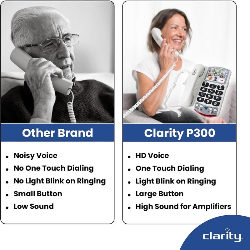 CLARITY هاتف أرضي P300 مع تضخيم الصوت، هواتف لذوي السمع الضعيف، نغمة جرس قابلة للتعديل وتحكم في مستوى الصوت، تصميم هاتف سلكي - Image 5