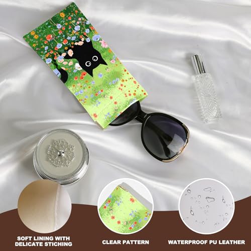Anikathy 2Pcs Sunglass Eyeglass Glasses Case Soft PU Leather with Cleaning Cloth Soft Sunglasses Case Cute Aesthetic Portable Travel Glasses Pouch Bag for Men Women Girls Cat on grass pattern - Image 3