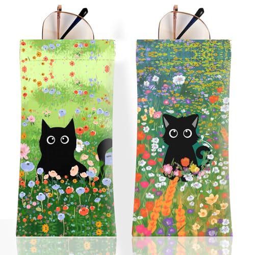 Anikathy 2Pcs Sunglass Eyeglass Glasses Case Soft PU Leather with Cleaning Cloth Soft Sunglasses Case Cute Aesthetic Portable Travel Glasses Pouch Bag for Men Women Girls Cat on grass pattern - Image 1
