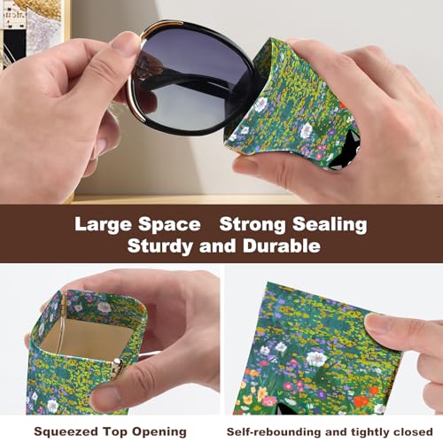Anikathy 2Pcs Sunglass Eyeglass Glasses Case Soft PU Leather with Cleaning Cloth Soft Sunglasses Case Cute Aesthetic Portable Travel Glasses Pouch Bag for Men Women Girls Cat on grass pattern - Image 5