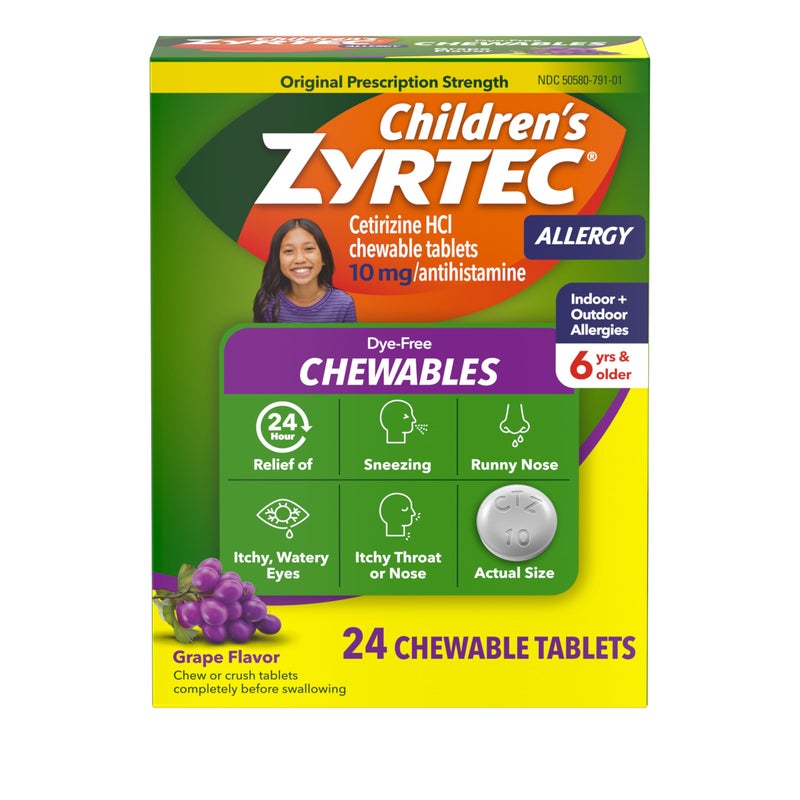 Zyrtec Children's Dye-Free Chewables for 24 Hour Allergy Relief, 10 mg Cetirizine Hydrochloride Antihistamine Tablets, Kids Allergy Medicine Relieves Sneezing & Itchy Throat, Grape, 24 ct - Image 1
