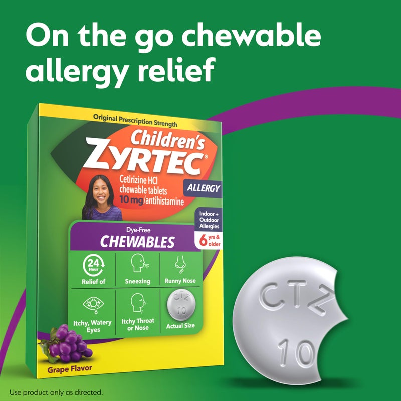 Zyrtec Children's Dye-Free Chewables for 24 Hour Allergy Relief, 10 mg Cetirizine Hydrochloride Antihistamine Tablets, Kids Allergy Medicine Relieves Sneezing & Itchy Throat, Grape, 24 ct - Image 5