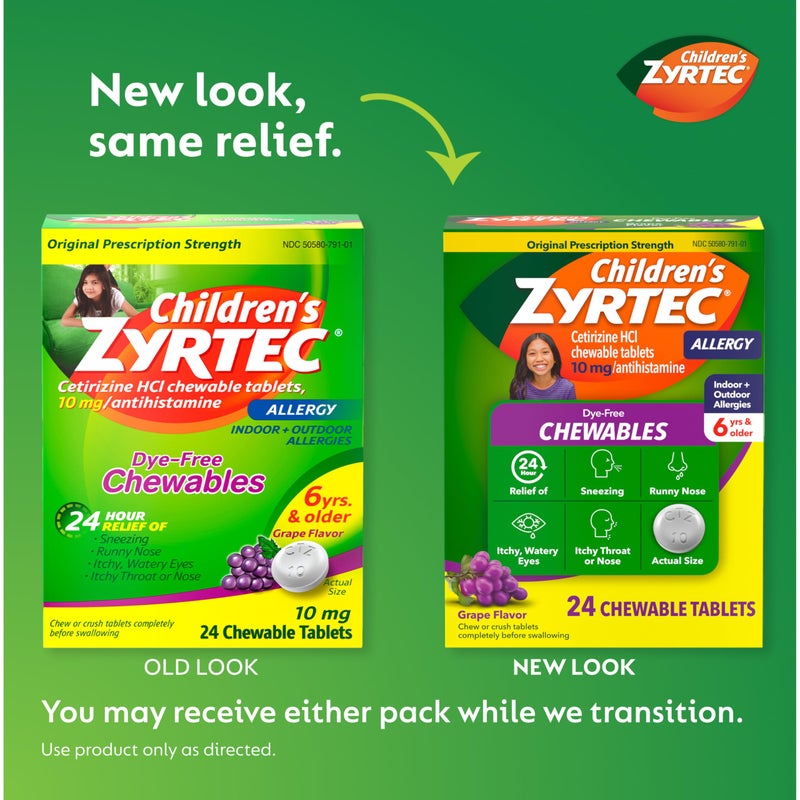Zyrtec Children's Dye-Free Chewables for 24 Hour Allergy Relief, 10 mg Cetirizine Hydrochloride Antihistamine Tablets, Kids Allergy Medicine Relieves Sneezing & Itchy Throat, Grape, 24 ct - Image 2