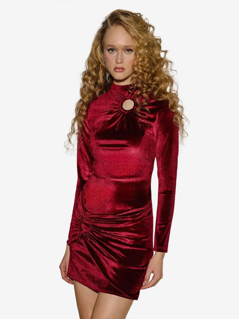 Hiccup Burgundy Red Accessories Detail Crew Neck Bodycon Velvet Mini Dress for Women | Best Price UAE