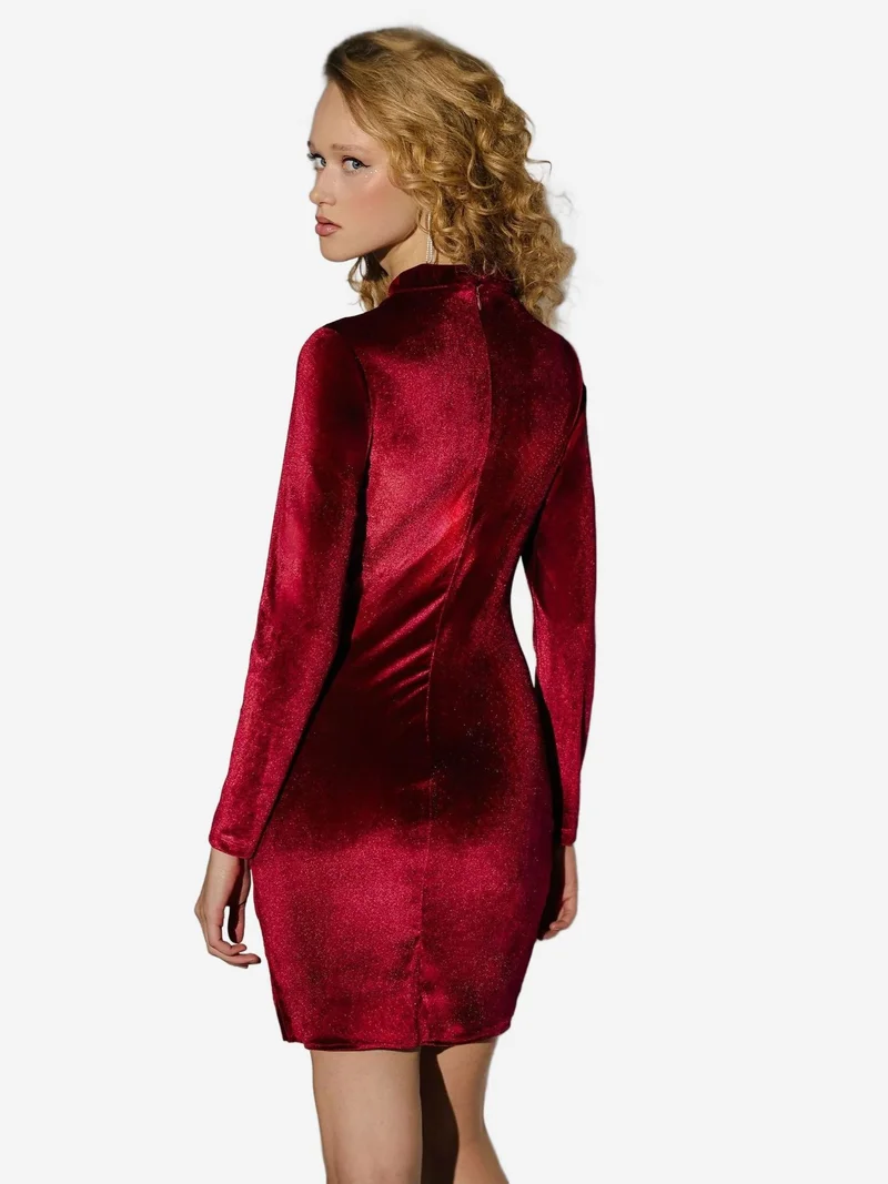 Hiccup Burgundy Red Accessories Detail Crew Neck Bodycon Velvet Mini Dress for Women | Best Price UAE