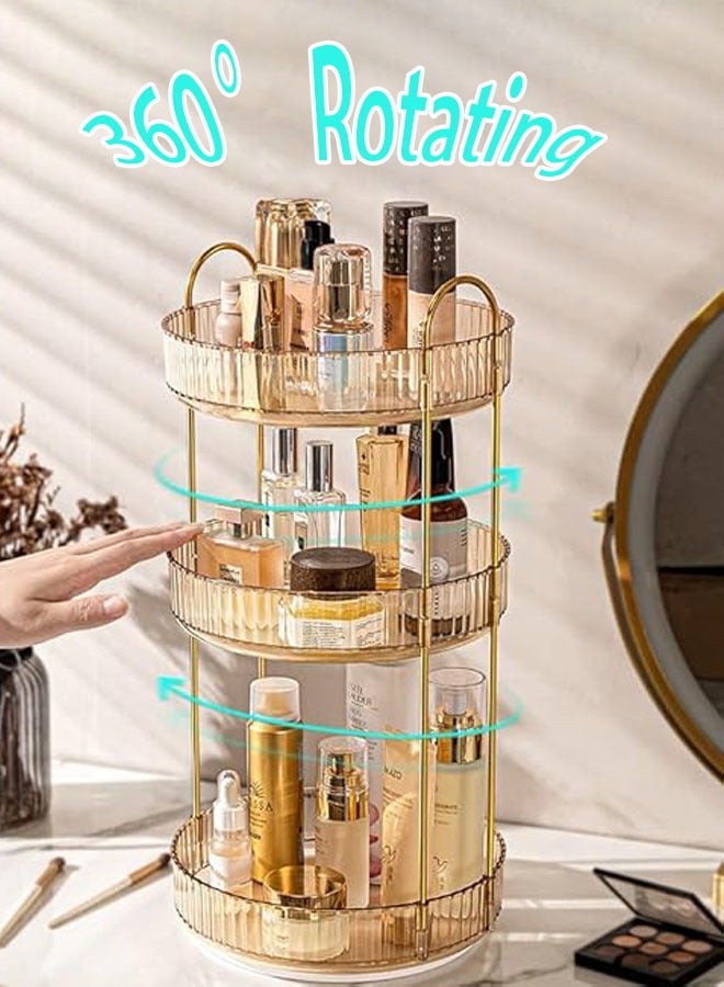 Hanayo منظم مكياج 3 طبقات دوار 360° لحفظ مستحضرات التجميل وعرض العطور حافظة مستحضرات التجميل رف بسعة كبيرة تخزين متعدد الوظائف دوار لسطح الطاولة في الحمام (كهرماني) - Image 3