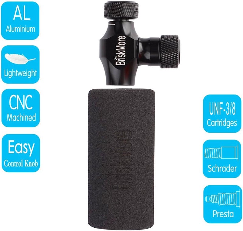BriskMore Black CO2 Inflator Presta and Schrader Valve Compatible Bicycle Tire Pump for Mountain and Road Bikes with Insulated Sleeve - No CO2 Cartridges Included, Quick&Easy - Image 2