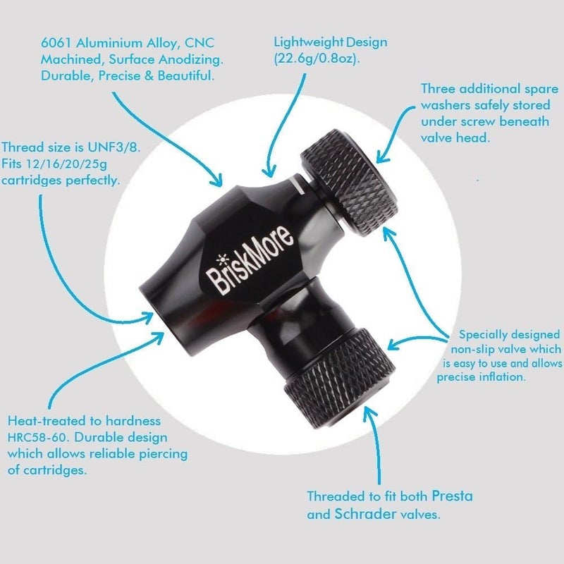 BriskMore Black CO2 Inflator Presta and Schrader Valve Compatible Bicycle Tire Pump for Mountain and Road Bikes with Insulated Sleeve - No CO2 Cartridges Included, Quick&Easy - Image 3