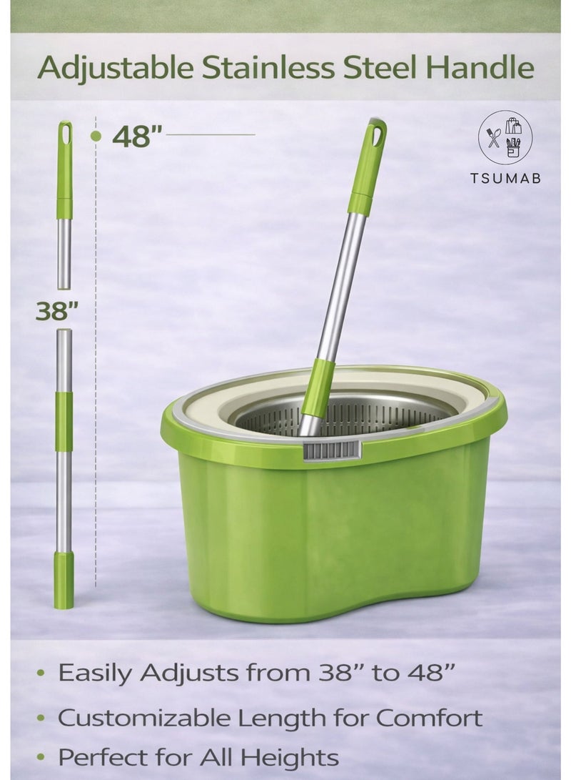 TSUMAB 360° Spin Mop & Bucket Set with Hand-Free Wringer, Adjustable Stainless Steel Handle & 2 Microfiber Mop Pads – Floor Cleaning System - Image 4