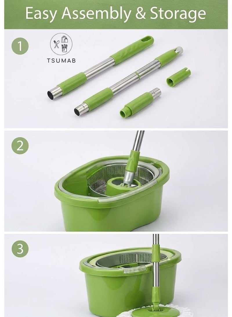 TSUMAB 360° Spin Mop & Bucket Set with Hand-Free Wringer, Adjustable Stainless Steel Handle & 2 Microfiber Mop Pads – Floor Cleaning System - Image 5