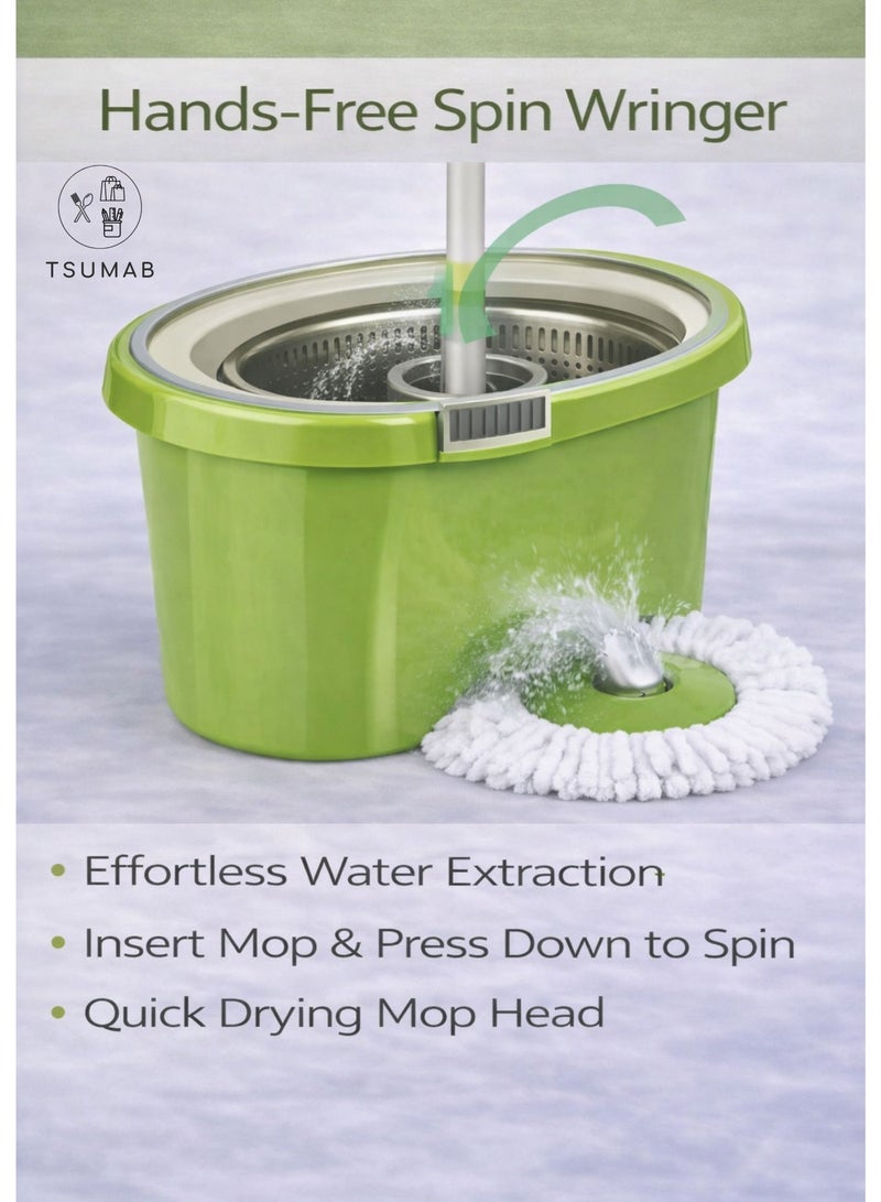 TSUMAB 360° Spin Mop & Bucket Set with Hand-Free Wringer, Adjustable Stainless Steel Handle & 2 Microfiber Mop Pads – Floor Cleaning System - Image 3