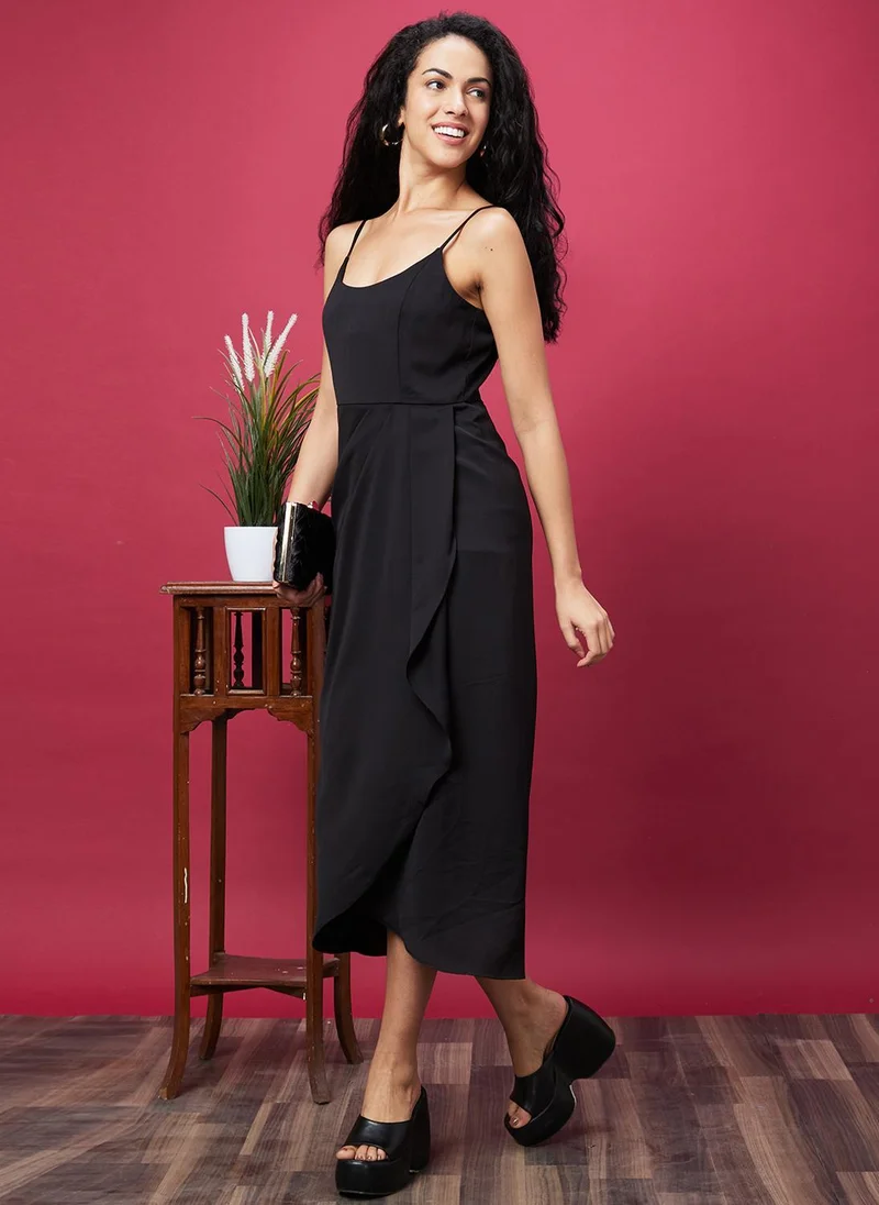globus Globus Women Black Shoulder Straps Gathered Satin A-Line Midi Party Dress