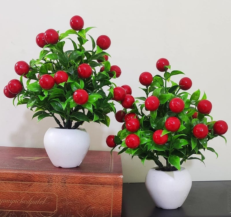 BK MART BK MART Set of 2 Red Cherry Table Flower top for Home Shop Office Decoration Gift Artificial Plant with Pot 22 cm Red 