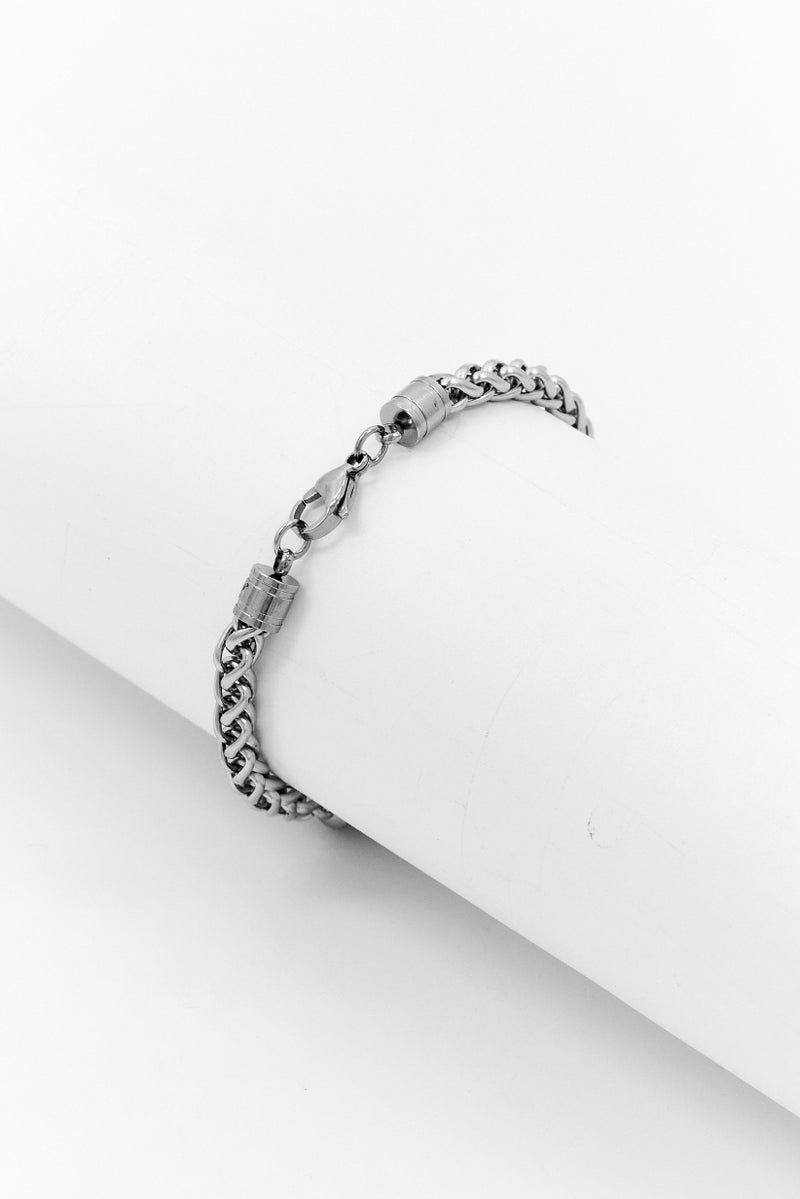 Steeltime سوار للرجال من الفولاذ المقاوم للصدأ بسلسلة قمح وخرز عين النمر، فضي - Image 2