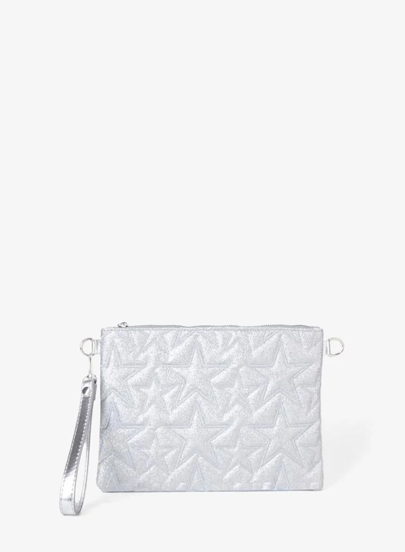 Women's Silver Sequin Star Embroidered Faux Leather Wrist and Chain Strap Portfolio Hand and Clutch Bag.