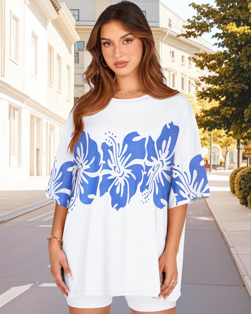 rosemia Womens Oversized Tshirt Graphic Tees Crew Neck Summer Short Sleeve Loose Fit Tops, White Blue Flower, L - Image 2