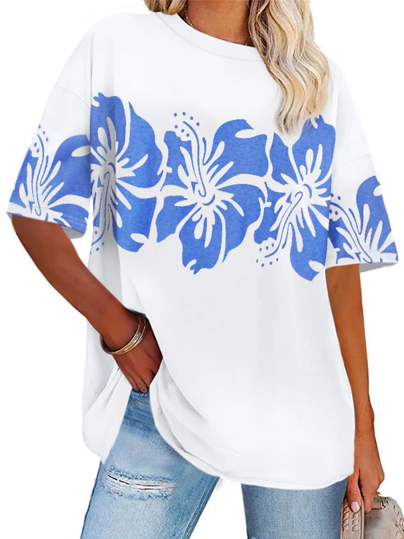 rosemia Womens Oversized Tshirt Graphic Tees Crew Neck Summer Short Sleeve Loose Fit Tops, White Blue Flower, L - Image 1