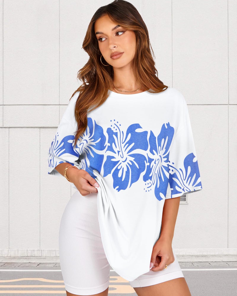 rosemia Womens Oversized Tshirt Graphic Tees Crew Neck Summer Short Sleeve Loose Fit Tops, White Blue Flower, L - Image 4