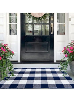 Generic 40*60cm Plain Plaid Floor Mat Home Porch Carpet Festive Atmosphere Decorative Carpet Washable Woven Outdoor Indoor Welcome Mat Suitable for Front Door/Farmhouse/Entrance/Home Entrance Outdoor Carpet (Blue grid)  - Image 5