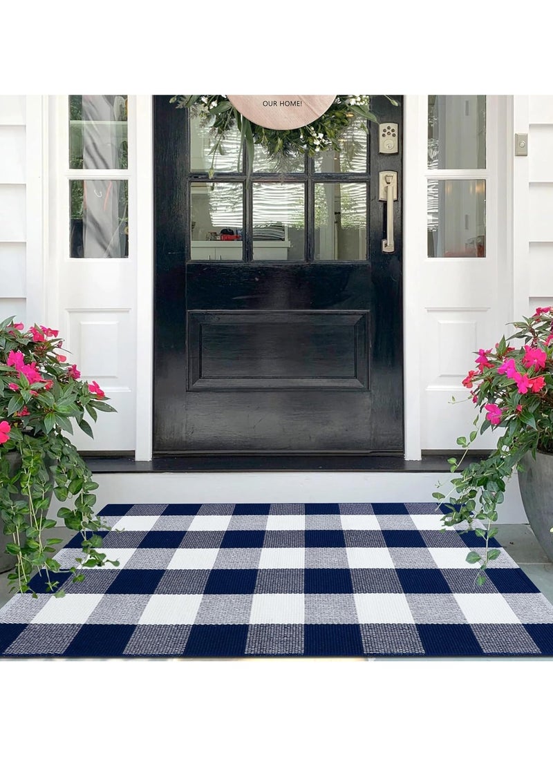 Generic 40*60cm Plain Plaid Floor Mat Home Porch Carpet Festive Atmosphere Decorative Carpet Washable Woven Outdoor Indoor Welcome Mat Suitable for Front Door/Farmhouse/Entrance/Home Entrance Outdoor Carpet (Blue grid)  - Image 5