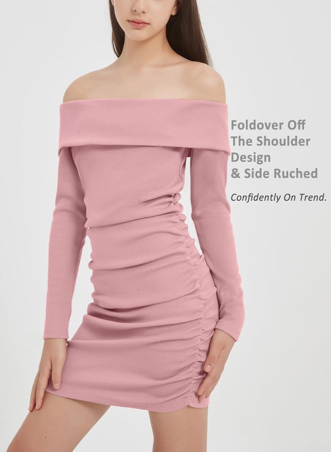 EXARUS Girls Long Sleeve Sweater Dress Bodycon Off Shoulder/Scoop Neck Ruched Ribbed Knit Tight Pencil Mini Dresses, Off Shoulder Pink, 12 Years - Image 2