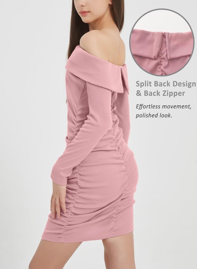 EXARUS Girls Long Sleeve Sweater Dress Bodycon Off Shoulder/Scoop Neck Ruched Ribbed Knit Tight Pencil Mini Dresses, Off Shoulder Pink, 12 Years - Image 3
