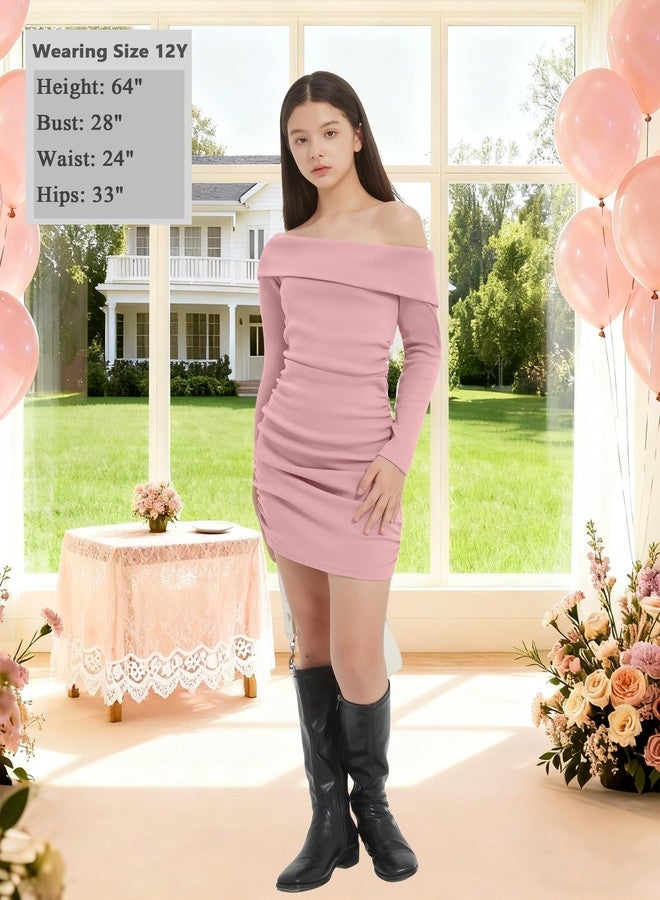 EXARUS Girls Long Sleeve Sweater Dress Bodycon Off Shoulder/Scoop Neck Ruched Ribbed Knit Tight Pencil Mini Dresses, Off Shoulder Pink, 12 Years - Image 5