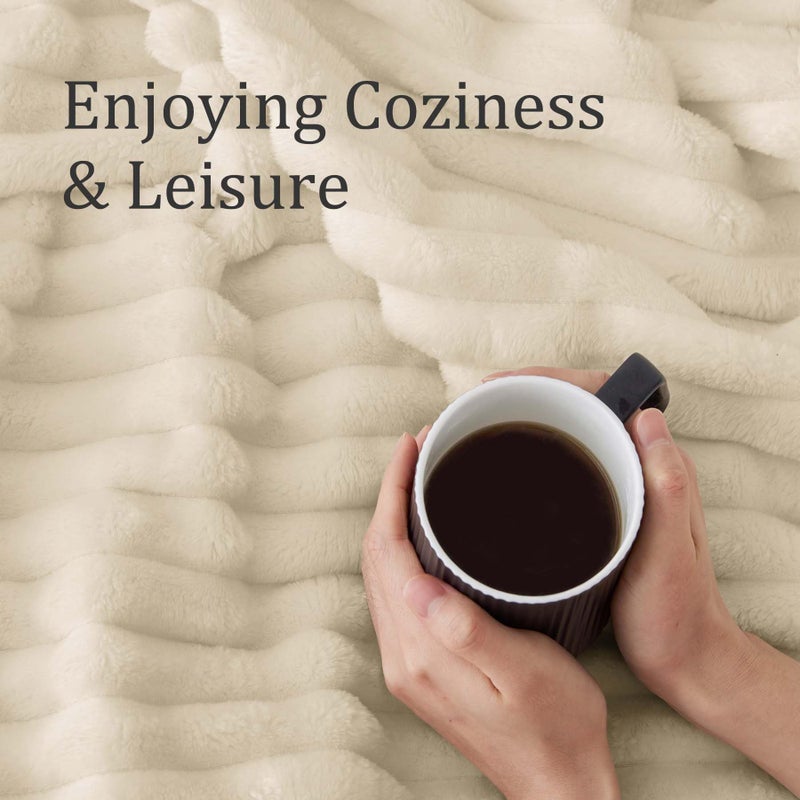 BEDELITE Fleece Throw Blanket for Couch - 300GSM Soft & Warm Fluffy Beige Blanket, Decorative and Giftable Striped Blankets for Women, Men, 50"x60" - Image 4