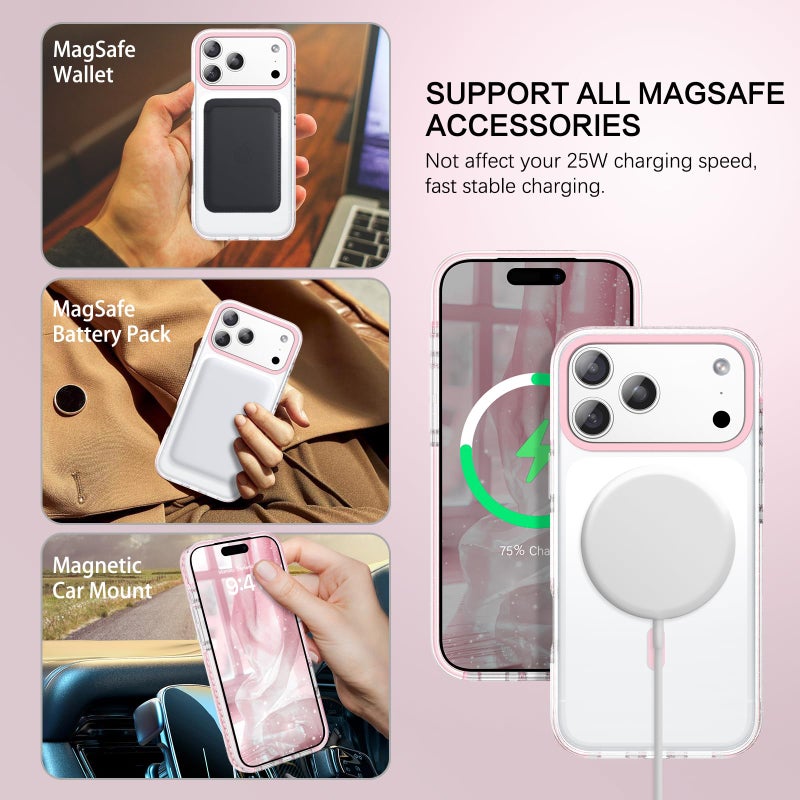 BENTOBEN Magnetic for iPhone 17 Pro 6.3" Case, Compatible with Magsafe Military Shockproof Protective Cute Transparent Slim Anti-Yellowing Phone Case for iPhone 17 Pro Cover, Clear Pink - Image 2