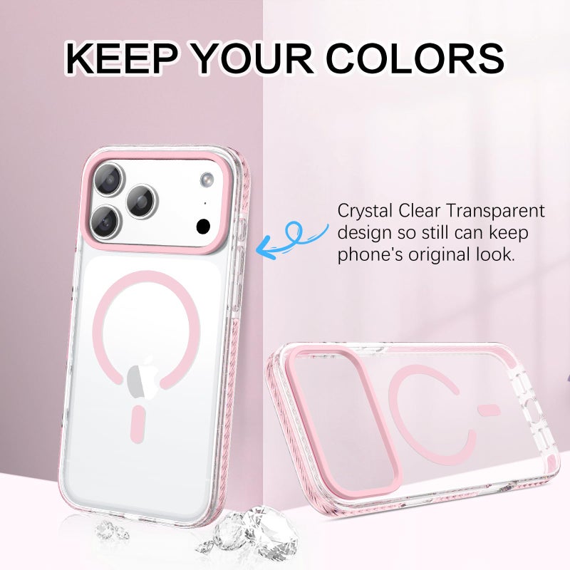 BENTOBEN Magnetic for iPhone 17 Pro 6.3" Case, Compatible with Magsafe Military Shockproof Protective Cute Transparent Slim Anti-Yellowing Phone Case for iPhone 17 Pro Cover, Clear Pink - Image 4