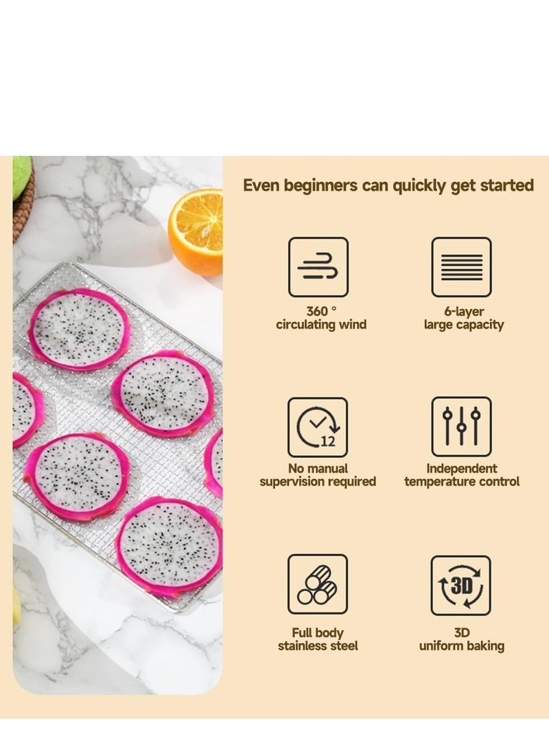 فورتي ماكينة تجفيف الطعام، 6 صواني من الفولاذ المقاوم للصدأ، مجففات للطعام واللحوم المقددة والأعشاب واللحوم ولحم البقر والفواكه، ماكينة تجفيف مع مؤقت رقمي وتحكم في درجة الحرارة - Image 3
