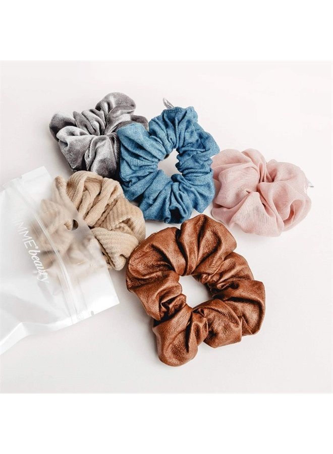 Gimme Beauty - Hair Scrunchies Variety Pack - Denim, Corduroy, Faux Leather, Blush, and Velvet Scrunchies - Gentle All Day Hold Hair Styling Accessories - No-Slipping, Snagging or Creasing (5 Count) - Image 3