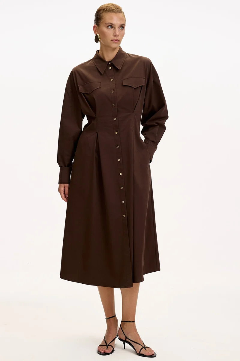EXQUISE Shirt Collar Long Sleeve Pocketed Regular Buttoned Brown Midi Dress