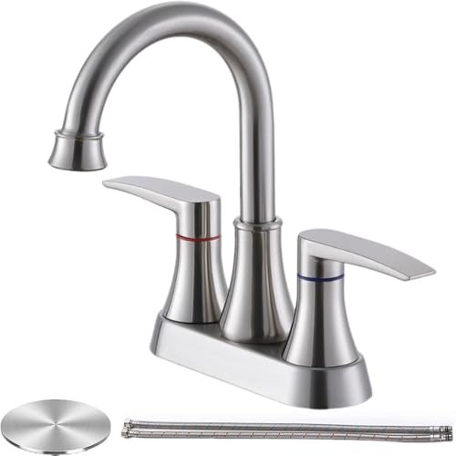 VALISY Brushed Nickel Bathroom Faucet, 2-Handle Lead-Free 360° Swivel High-Arc Spout 4 Inch Centerset Bath Lavatory Vanity Sink Faucets Set for Sinks with Drain & Water Hoses, VABM80008L - Image 1