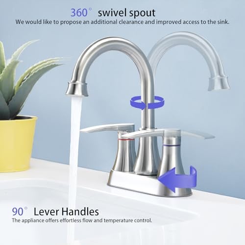 VALISY Brushed Nickel Bathroom Faucet, 2-Handle Lead-Free 360° Swivel High-Arc Spout 4 Inch Centerset Bath Lavatory Vanity Sink Faucets Set for Sinks with Drain & Water Hoses, VABM80008L - Image 3