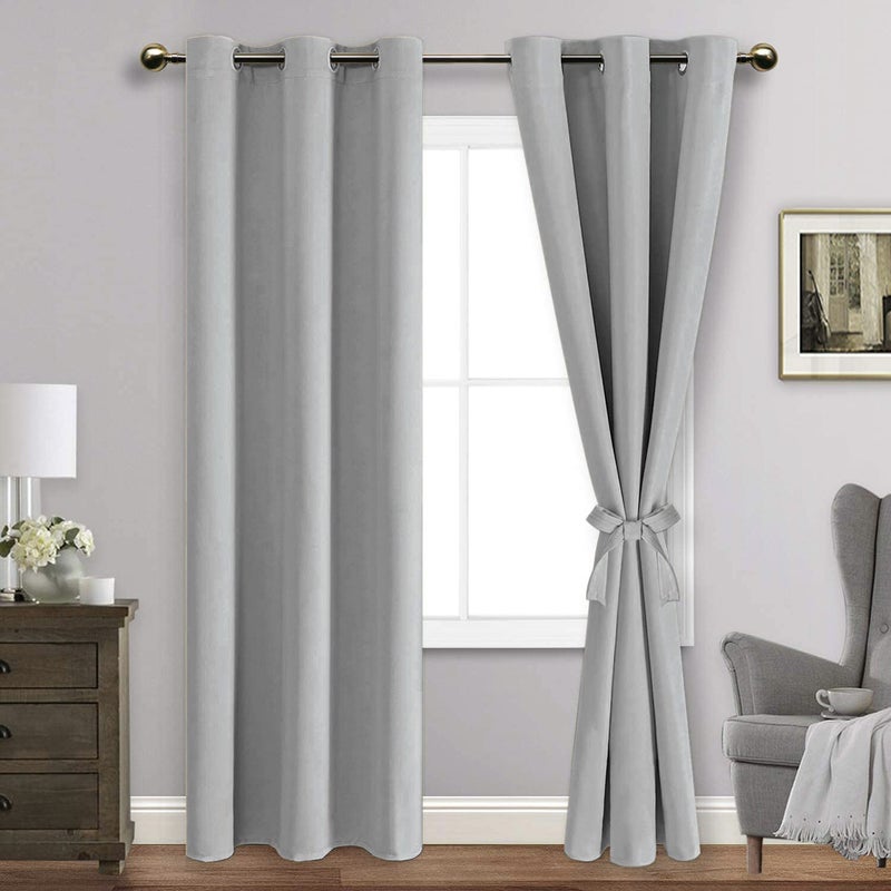 JIUZHEN Blackout Curtains with Tiebacks - Thermal Insulated  Light Blocking and Noise Reducing Grommet Curtain Drapes for Bedroom and Living Room  Set of 2 Panels  Silver Grey  42 x 84 Inch Length - Image 1